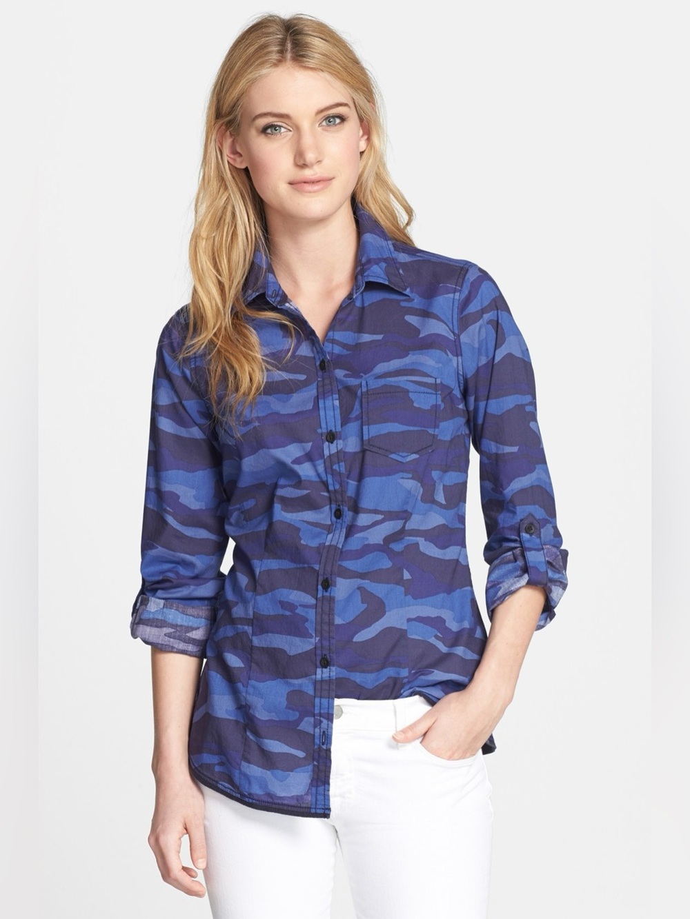 NWT Foxcroft Blue Camo Print Modern Fit Shirt—Size 2 Petite